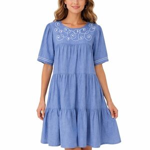 Women’s blue short sleeve Vintage Style peasant dress tiered size medium Cotton